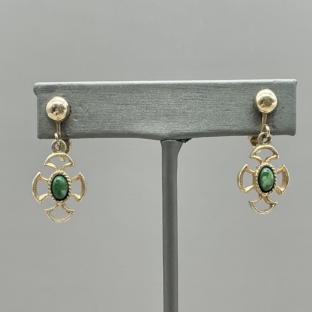 Avon Earrings Gold Tone Green Stone Cross Dangle Drop Womens Clip On Jewelry